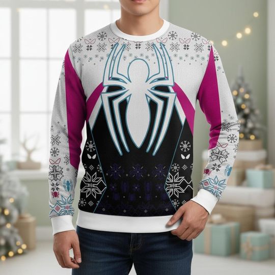 Discover Spider Theme Ugly Christmas Sweater, Superhero Xmas Sweater, Marvel Inspired Ugly Sweater, Spider Design Sweater, Christmas Gift