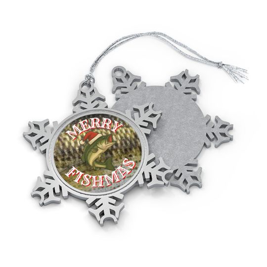 Pewter Snowflake Ornament, Fishing Holiday Decor, Largemouth Bass Fish Ornament, Santa Hat Bass, Funny Angler Gift, Christmas Tree