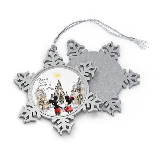 Discover Mickey and Minnie Holiday Ornament: Pewter Snowflake Christmas Tree Decoration