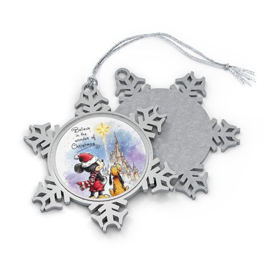 Discover Ornament, Mickey and Pluto holiday ornament, Christmas tree decoration, Festive Disney decor, Winter holiday gift, Pewter snowflake