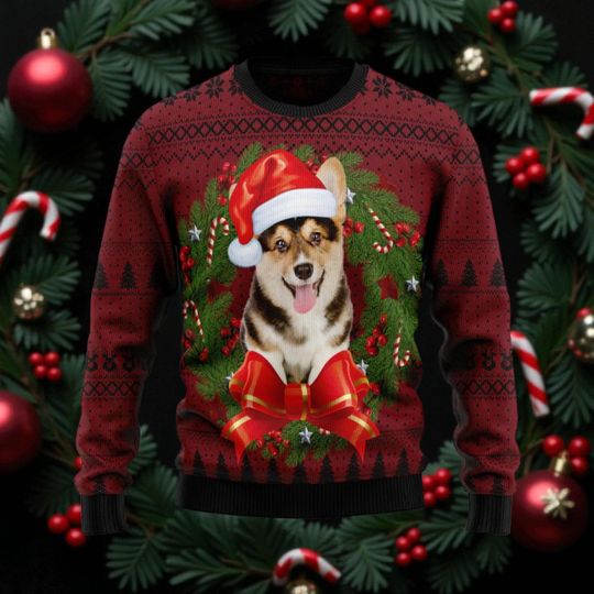 Corgi Wreath Ugly Christmas Sweater, Cute Christmas Dog Wearing Christmas Hat Sweater