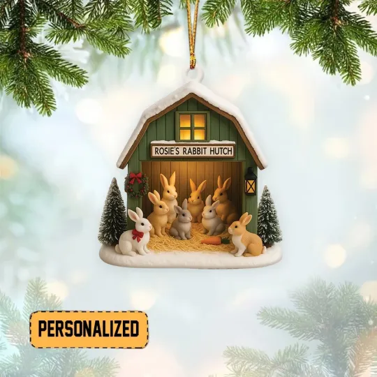 Discover Personalized Rabbit Barn Christmas Ornament, Rabbit Farmhouse Ornament Xmas Gift