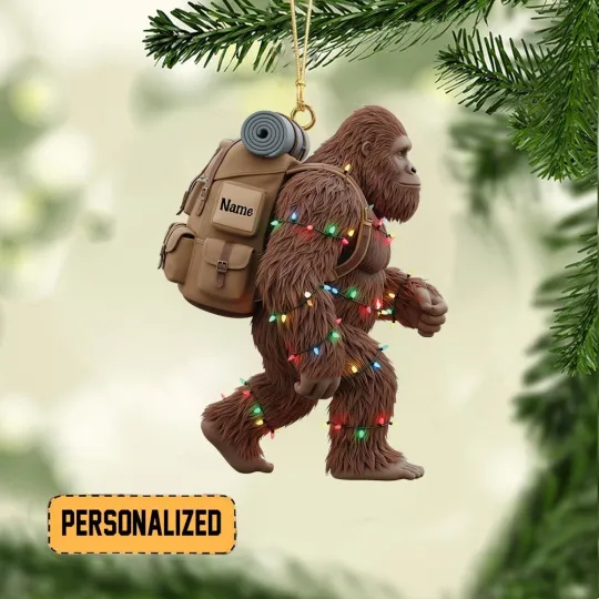 Discover Personalized Bigfoot Camping Christmas Ornament, Sasquatch Hiking Ornament Gift