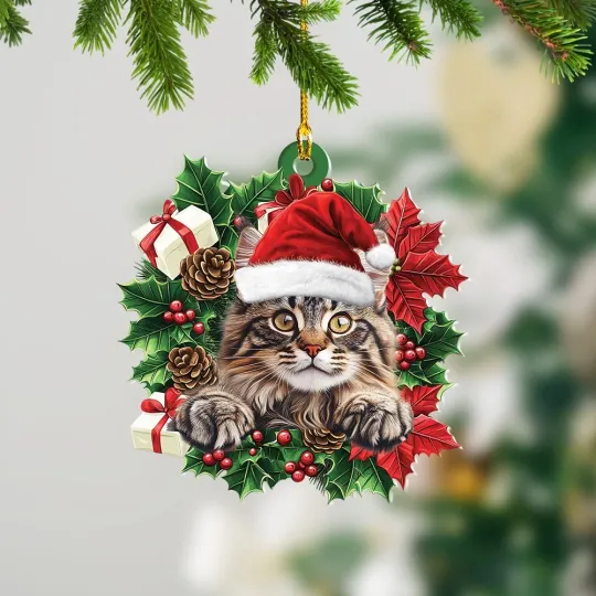 Discover Maine Coon Cat Christmas Wreath Ornament, Love Cat Holiday Ornament