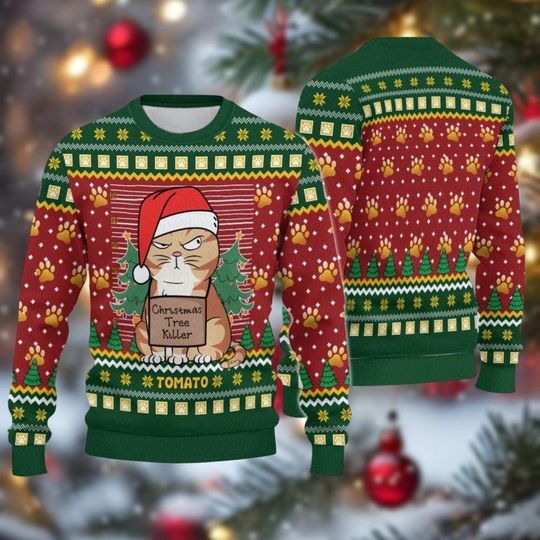 Discover Christmas Cat Tree Ugly Sweater, Santa Cat Sweater For Men Women, Cat Memes Holiday Sweatshirt, Humor Xmas Sweater For Pet Lovers