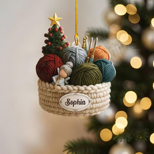 Discover Personalized Knitting Basket Ornament  Custom Acrylic Yarn Christmas Decor for Knitters