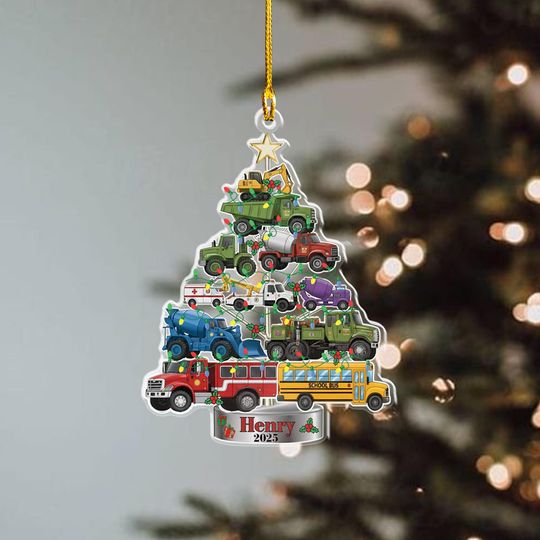 Personalized Truck Christmas Tree Ornament, Custom Name & Year, Construction Vehicles Holiday Keepsake
