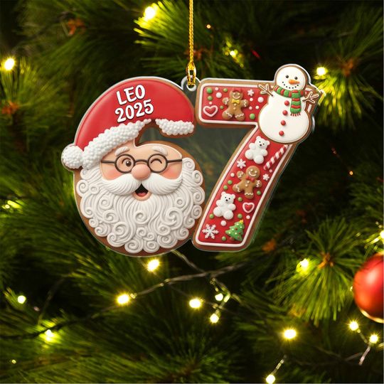 Discover Personalized 67 Ornament, Custom Name & Year Santa Gingerbread Number Design