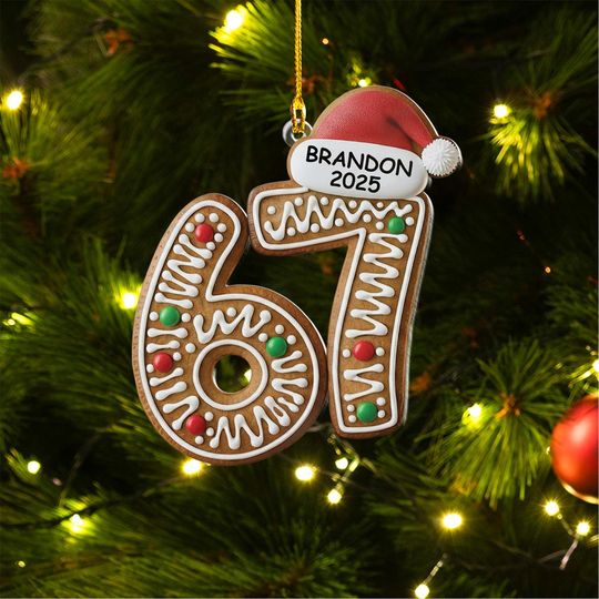 Discover Personalized 67 Ornament, Custom Name, Year Gingerbread Number Design