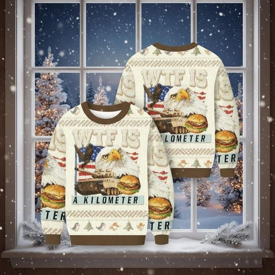 Discover WTF Is A Kilometer Meme Christmas Ugly Sweater, Funny Patriotic USA Flag Xmas Knitted Sweater, Sarcastic Winter Outfit for Men Women