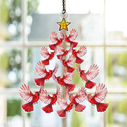 Discover Stained Glass Bird Tree Hanging Decor, Hummingbird or Cardinal Sun Catcher