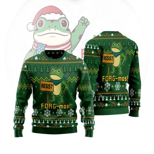 Discover Resist Frog Mas Costume Ugly Christmas Sweater, Green Frog Holiday Pullover, Funny Xmas Sweater Gift