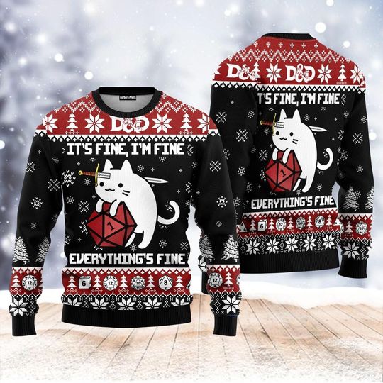 Christmas Dungeons And Dragon Sweater, DnD Ugly Christmas Sweater, Dice Sweater, DnD Cat Xmas Sweater, It's Fine I'm Fine Sweater