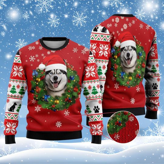 Husky Garland Ugly Christmas Sweater, Cute Dog Ugly Xmas Sweater, Silly Husky Funny 2025 Christmas Ugly Sweater Gift