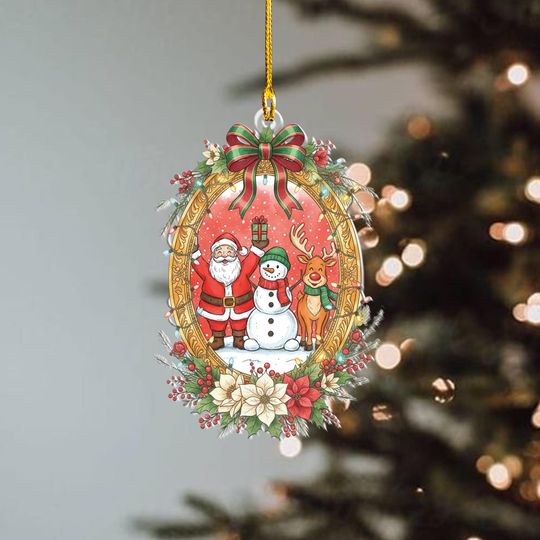 Vintage Christmas Santa Snowman Reindeer Ornament, Holiday Winter Scene Decor, Festive Xmas Tree Hanging, Cute Retro Christmas Ornament