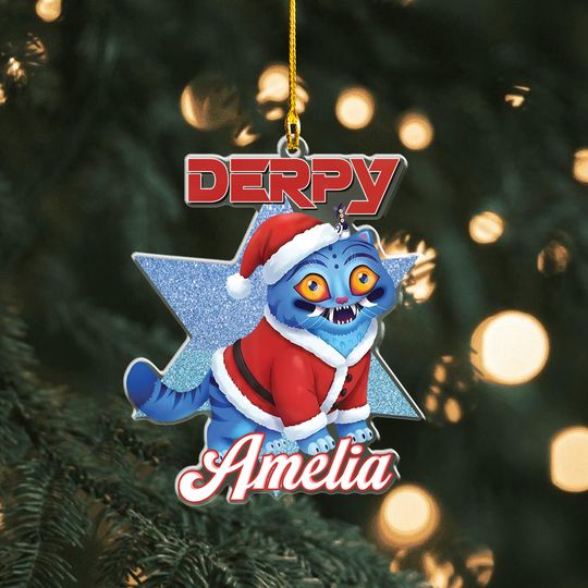 Discover Funny Derpy Cat Christmas Ornament, Personalized Cat Name Gift, Cute Kitty Holiday Decor, Custom Pet Xmas Tree Ornament 2025