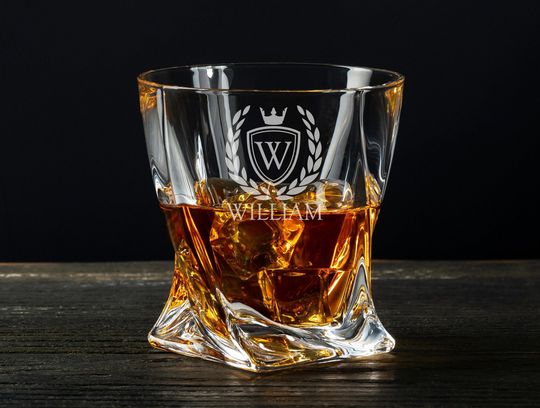 Discover Monogrammed Twisted Whiskey Glass 11 oz, Graduation, Retirement Gift