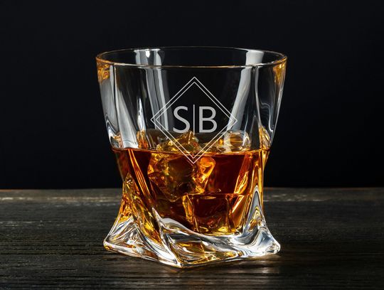 Twisted Whiskey Glass 11 oz, Etched Rocks Glass, Bourbon Lover Gift