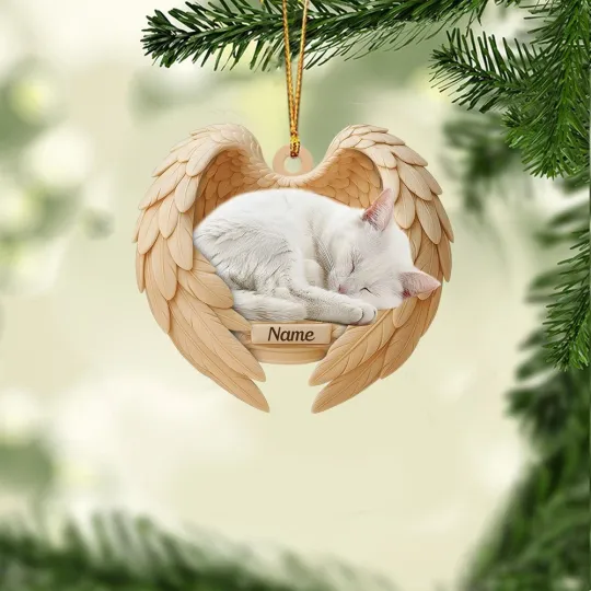 Personalized Sleeping White Cat Christmas Ornament, Cat Angel Wings