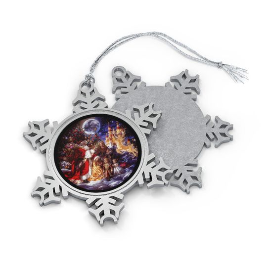 Santa and Reindeer Snowflake Pewter Christmas Ornament, Vintage Santa Holiday Pewter Christmas Tree Decoration