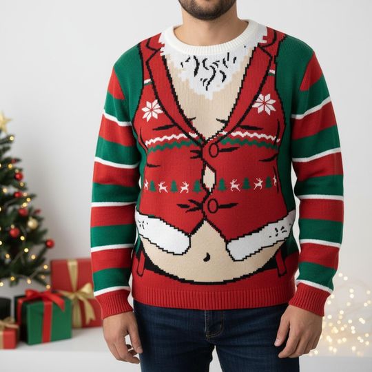 Discover Funny Santa Cosplay Christmas Ugly Sweater, Funny Christmas Sweater For Party, Santa Claus Holiday Sweater For Him