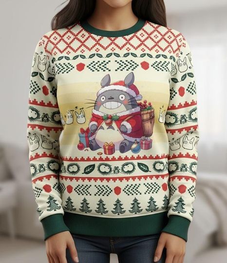 Forest Friend Ugly Christmas Sweater, Holiday Creature Xmas Sweater, Cute Anime Ugly Sweater, Totoro Inspired Sweater, Christmas Gift