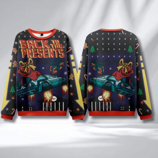 Discover Back To The Presents Christmas Sweater Retro Future Holiday Knit Pullover Funny Sci Fi Inspired Festive Winter Outfit Gift for Movie Fans