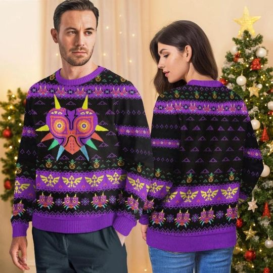 Discover Purple Majora Mask Style Ugly Christmas Sweater, Gamer Holiday Knit Jumper, Retro Zelda Inspired Unisex Crewneck, Nerdy Winter Gift