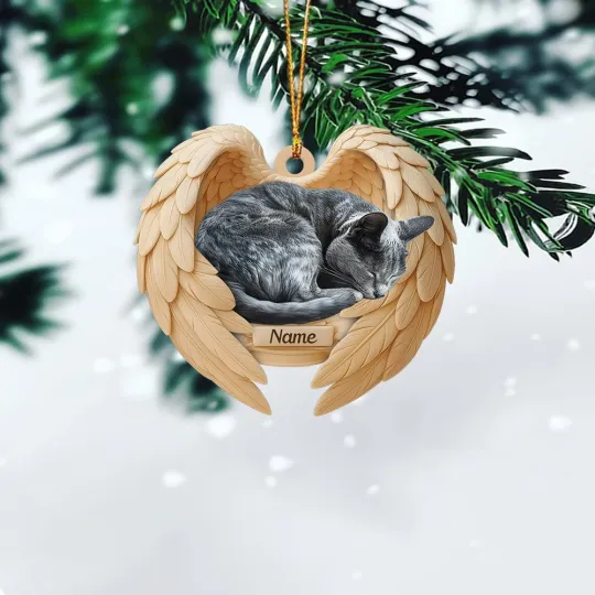 Personalized Sleeping Russian Blue Cat Christmas Ornament, Cat Angel Wings