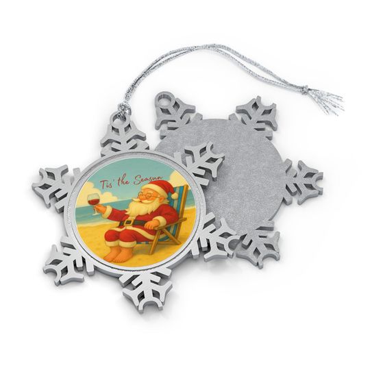 Pewter Snowflake Ornament, Beach Christmas Tree Decor, Santa at the Beach Ornament, Seasonal Keepsake, Santa and Wine