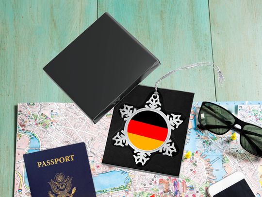 Discover Europe Travel Lover, Country Flag, Ornament with Gift Box, Christmas Holiday Keepsake, Germany Vacation Memory, Pewter Snowflake Decoration