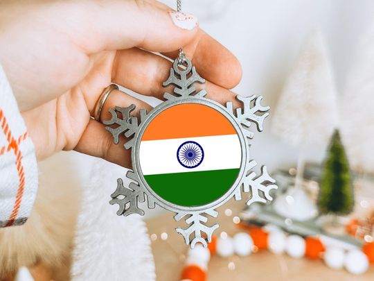 Discover Ornament with Gift Box, Exotic Travel Lover, Country Flag, Indian Vacation Memory, Christmas Holiday Keepsake, Pewter Snowflake Decoration