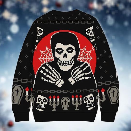 Discover Horror Punk Ugly Christmas Sweater, Fiend Skull Band Merch Style Shirt, Gothic Alternative Xmas Jumper, Skeleton Hands Holiday Gift