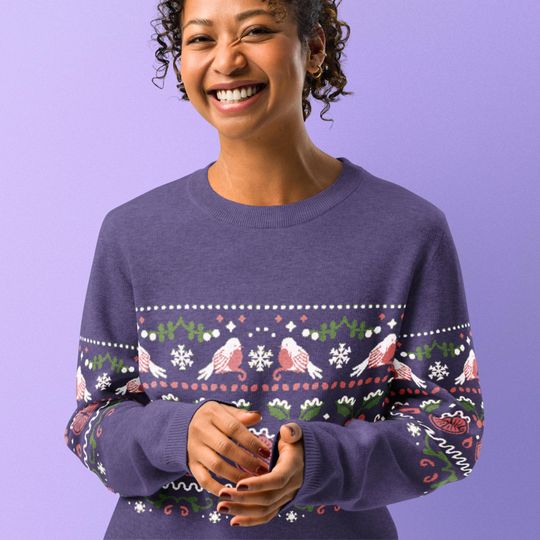 Discover Winter Solstice Knit Sweater  Yule-inspired Christmas design featuring birds, oranges, and holly  Ugly Sweater  Purple