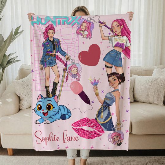 Discover Personalized Kpop Popstar Anime Blanket, Kpop Demon Hunter Plush Blanket, Custom Name Anime Blanket , Huntrix Blanket Gift for Girl