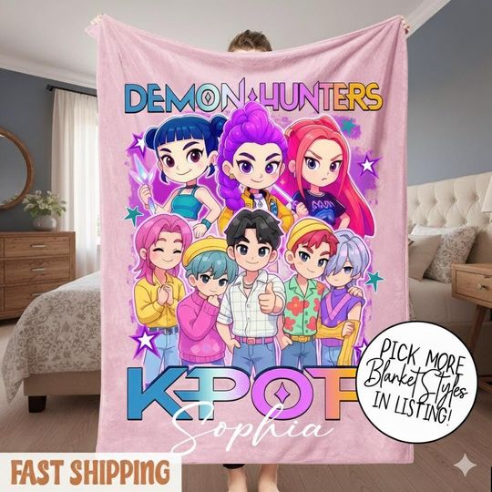 Discover Personalized Huntrix Girls Blanket  Custom K-Pop Demon Hunter Kids Christmas Throw