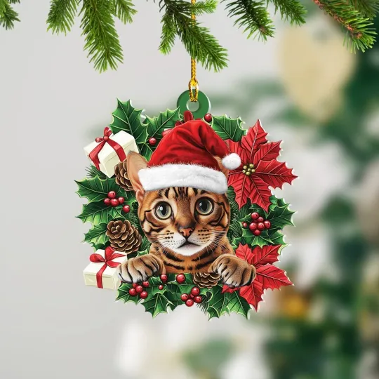 Discover Bengal Cat Christmas Wreath Ornament, Bengal Cat Holiday Ornament