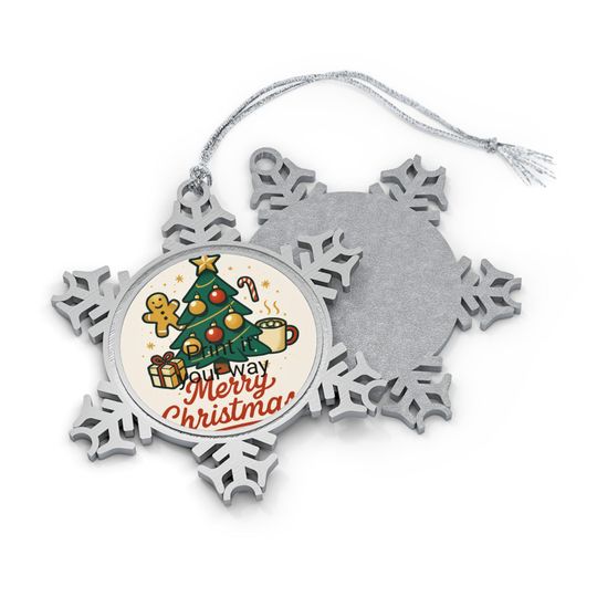 Merry Christmas Tree Snowflake Ornament | Pewter Holiday Decoration