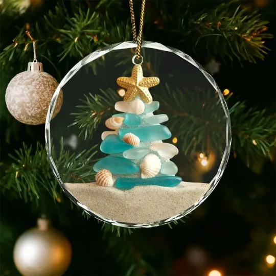 Beach-Inspired Glass Ornament with Sea Glass and Shells for Christmas Tree