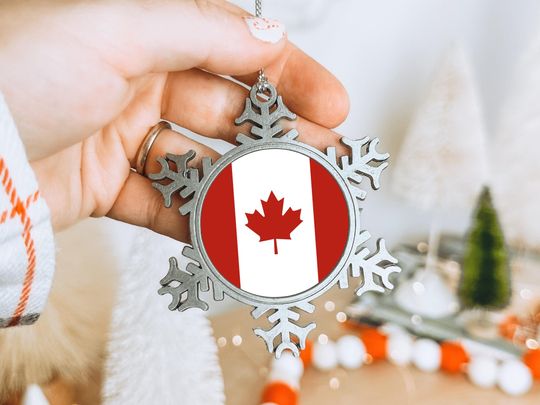 Discover Canadian Flag Christmas Holiday Keepsake, Travel Lover, Ornament with Gift Box, North America Vacation Memory, Pewter Snowflake Decoration