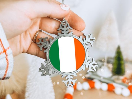 Pewter Snowflake Decoration, Irish Travel Lover, Ornament with Gift Box, Christmas Holiday Keepsake, Ireland Vacation Memory, Country Flag
