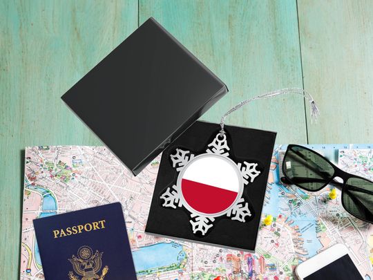 Polish Travel Lover, Christmas Holiday Keepsake, Pewter Snowflake Decor Ornament with Gift Box, Europe Vacation Memory, Poland Country Flag