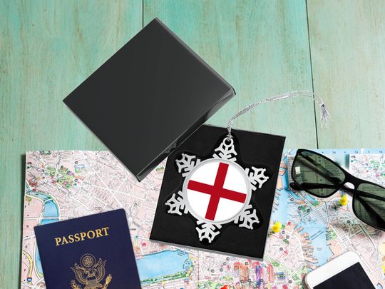 Discover Christmas Holiday Keepsake, England Vacation Memory, Ornament with Gift Box, Pewter Snowflake Decoration, English Country Flag, Travel Lover