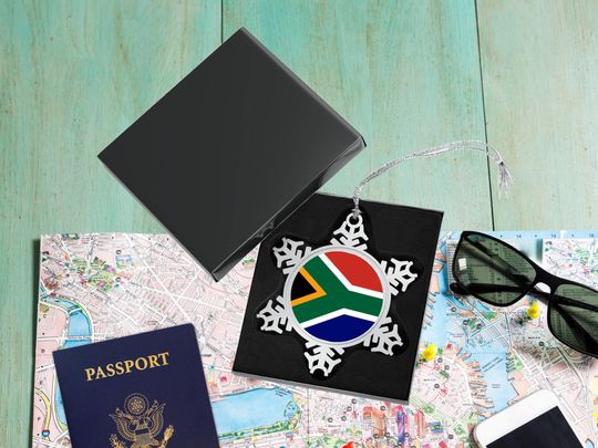 Discover Pewter Snowflake Decoration, South African Vacation Memory, Ornament with Gift Box, Travel Lover, Christmas Holiday Keepsake, Country Flag