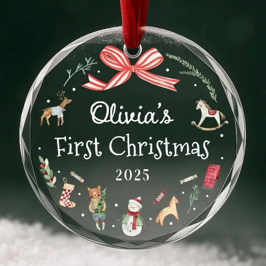 Discover Baby’s First Christmas 2025 Glass Ornament with Custom Name