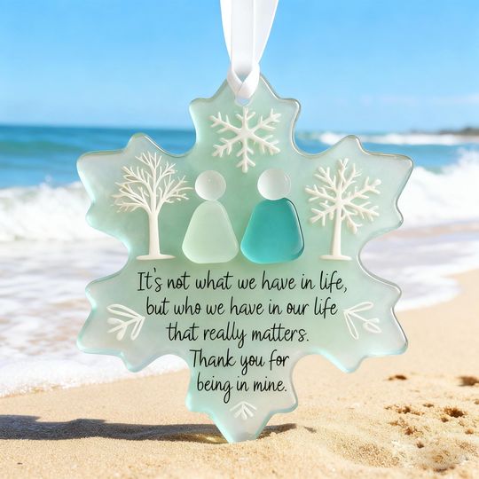 Sea Glass Snowflake Friendship Ornament - 2D Ceramic Christmas Tree Decor