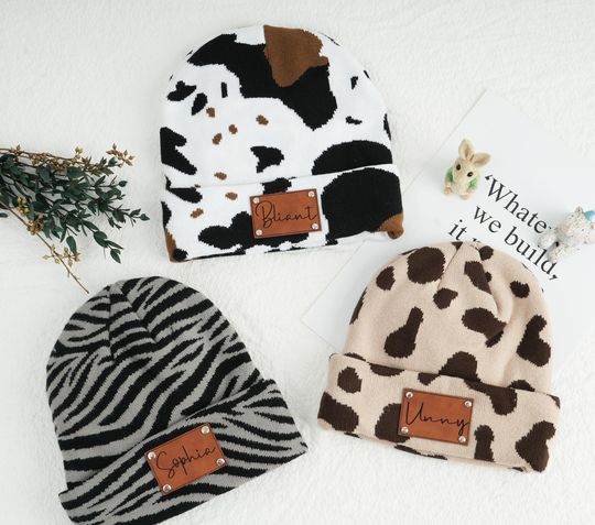Cow Print Knit Beanie Thermal Winter Hat with Leather Label