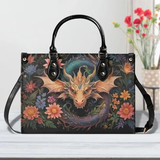 Discover Personalized Magical Dragon Leather Handbag, Dragon Wildflowers Handbag Gift