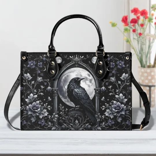 Discover Personalized Raven Goth Leather Handbag, Gothic Raven Leather Bag Gift