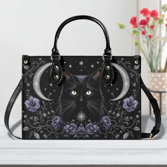 Discover Personalized Black Cat Moon Leather Handbag, Black Cat Witch Leather Bag Gift